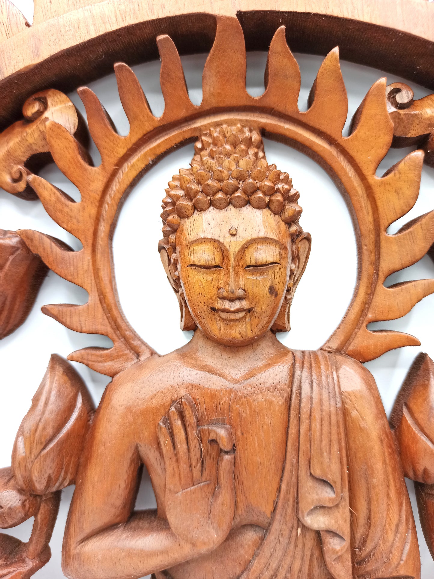 Panneau décoratif en bois sculpté balinais - Bouddha & Lotus (40 cm)
