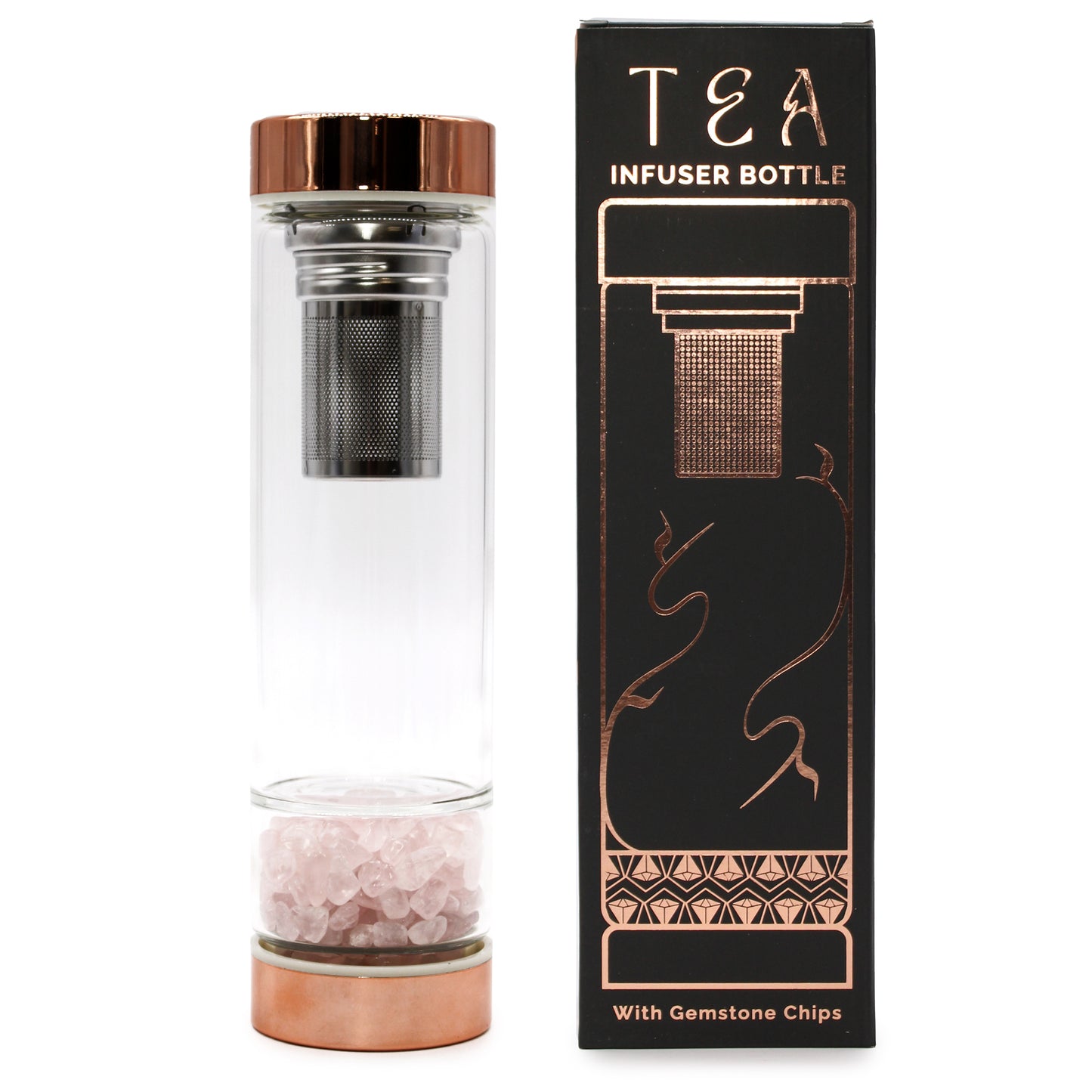 Bouteille infuseur à thé en verre de cristal - Or rose - Quartz rose