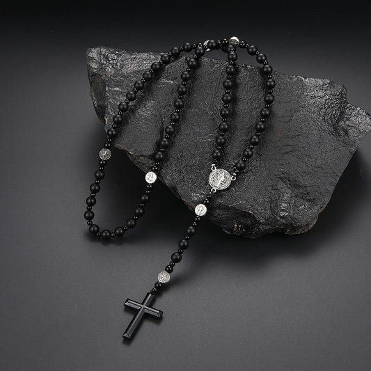 Collier chapelet croix en pierre biliaire volcanique noire (plusieurs variantes)