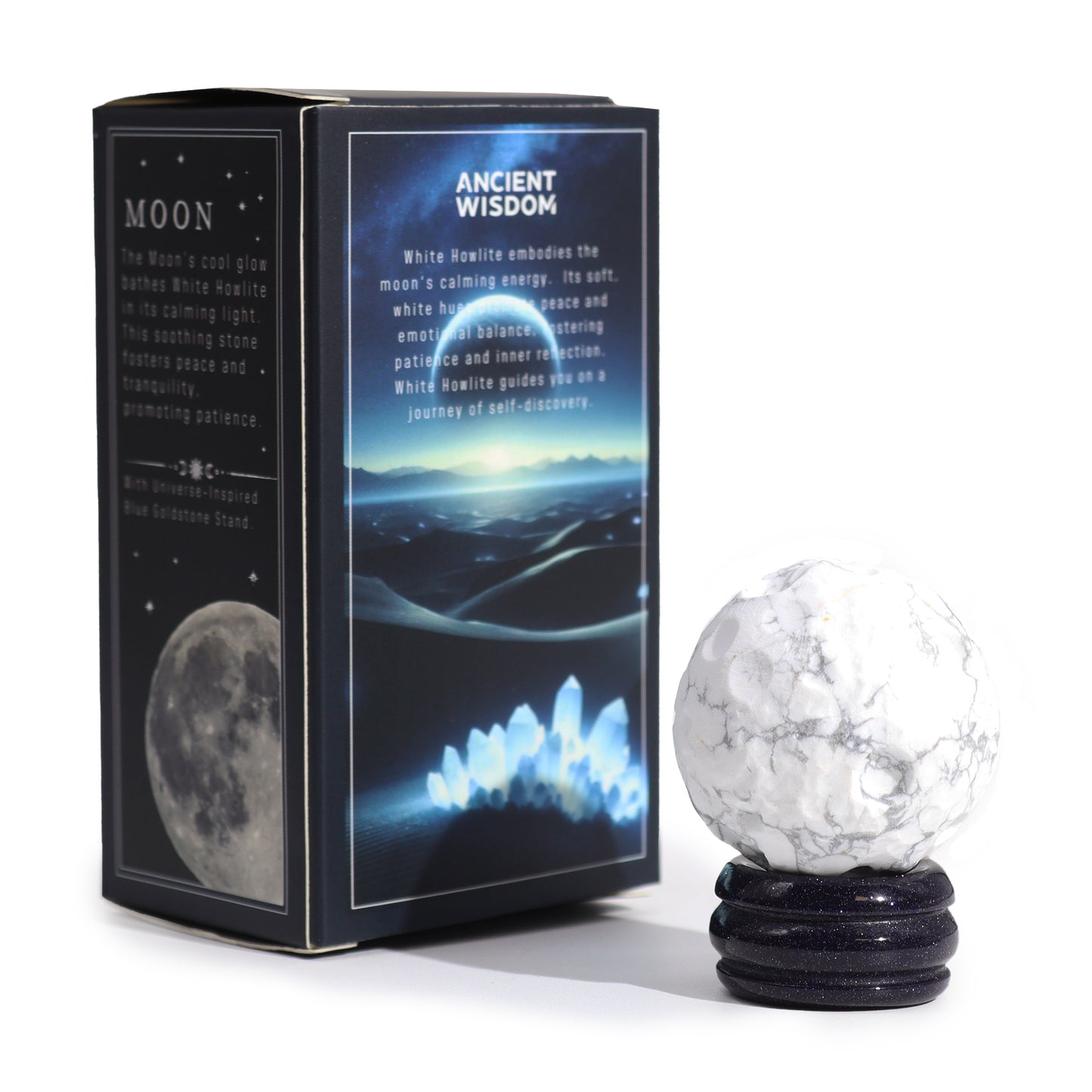 Planète LUNE en Howlite Blanche sur support en pierre - 40 mm