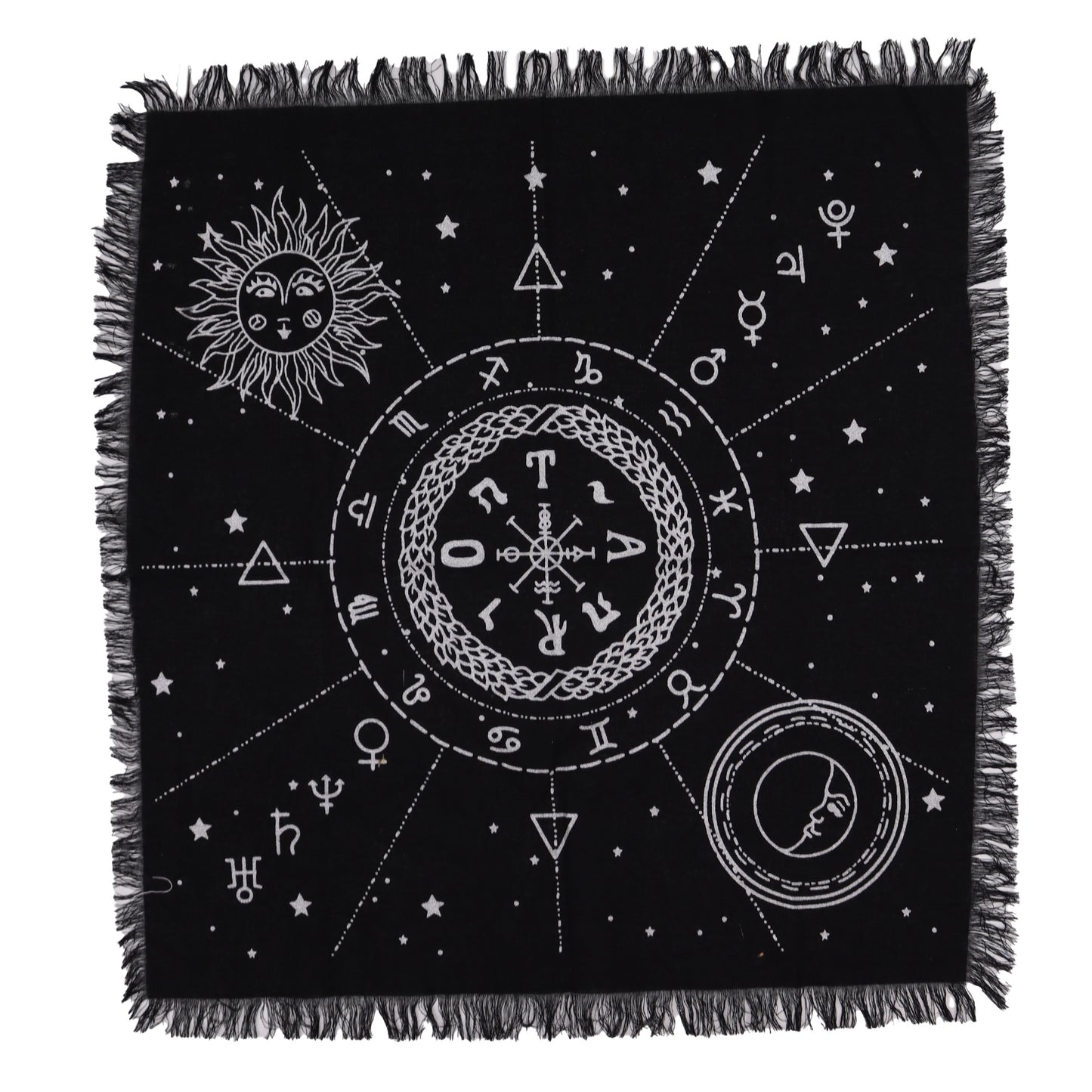 Nappe d'autel ésotérique à franges - Carte Lune & Soleil