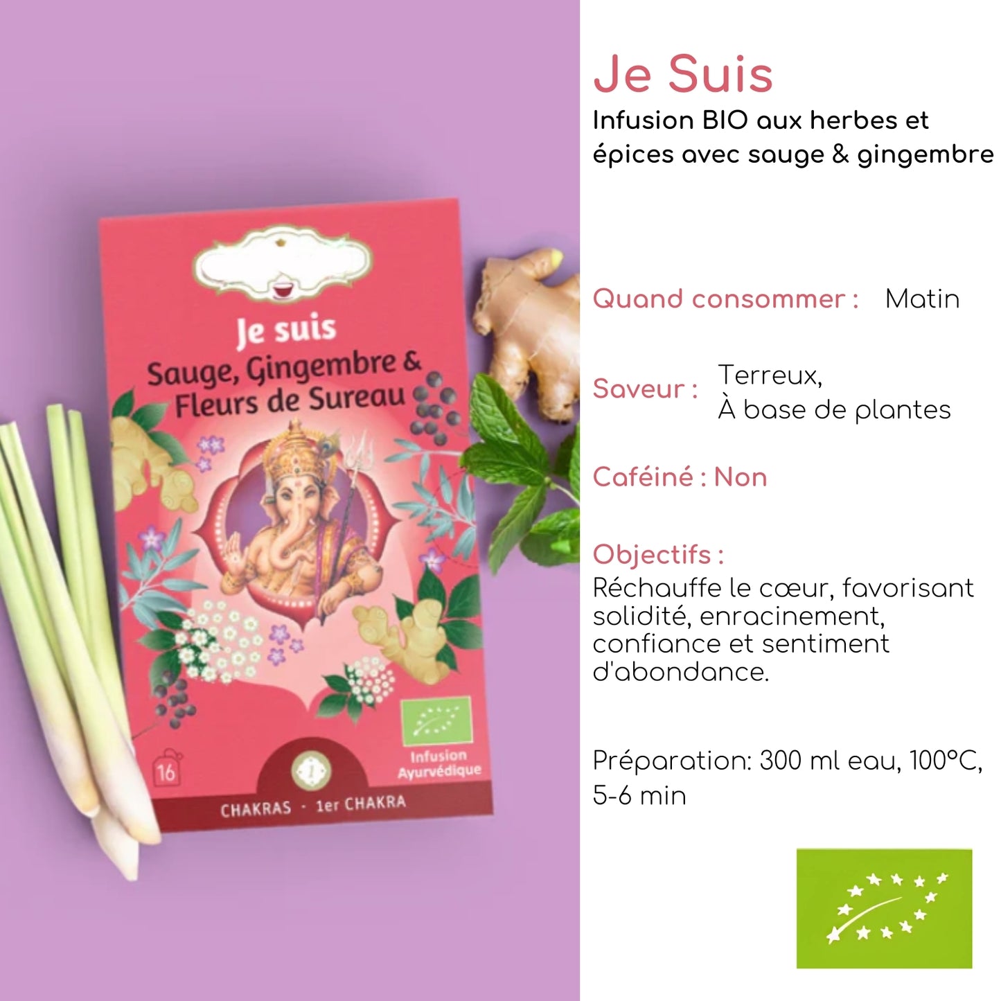 Tisane bio matinale "JE SUIS" - Moment de détente et de stabilité - 1er chakra