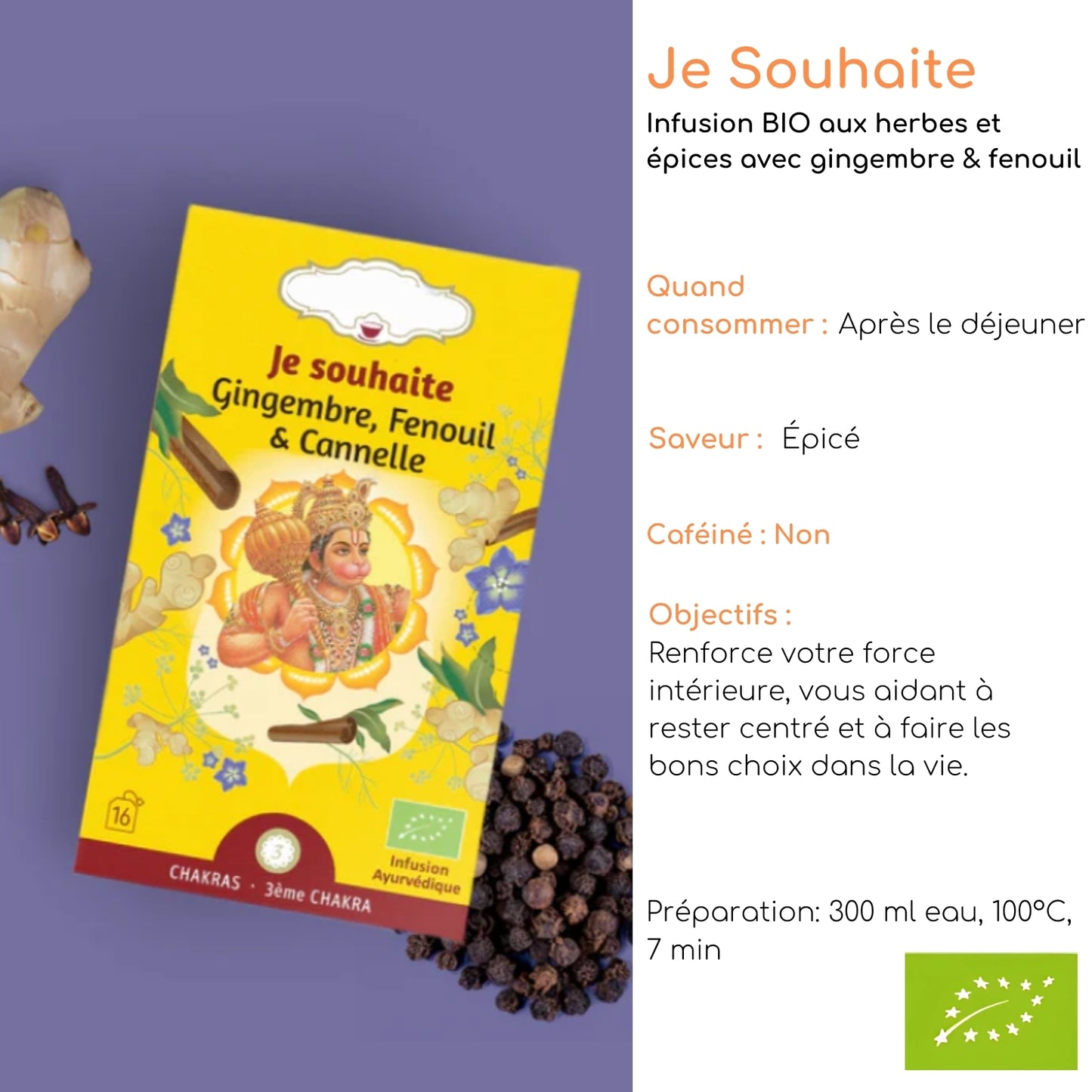 Tisane bio matinale "JE SOUHAITE" - Moment de détente après repas - 3e chakra