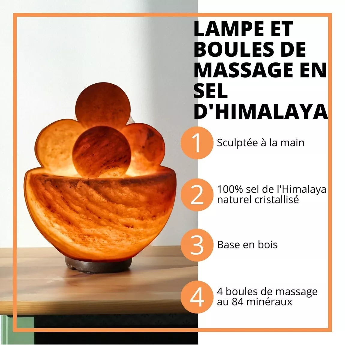 Lampe sel de l'Himalaya avec 4 boules de massage - 12 à 14 cm