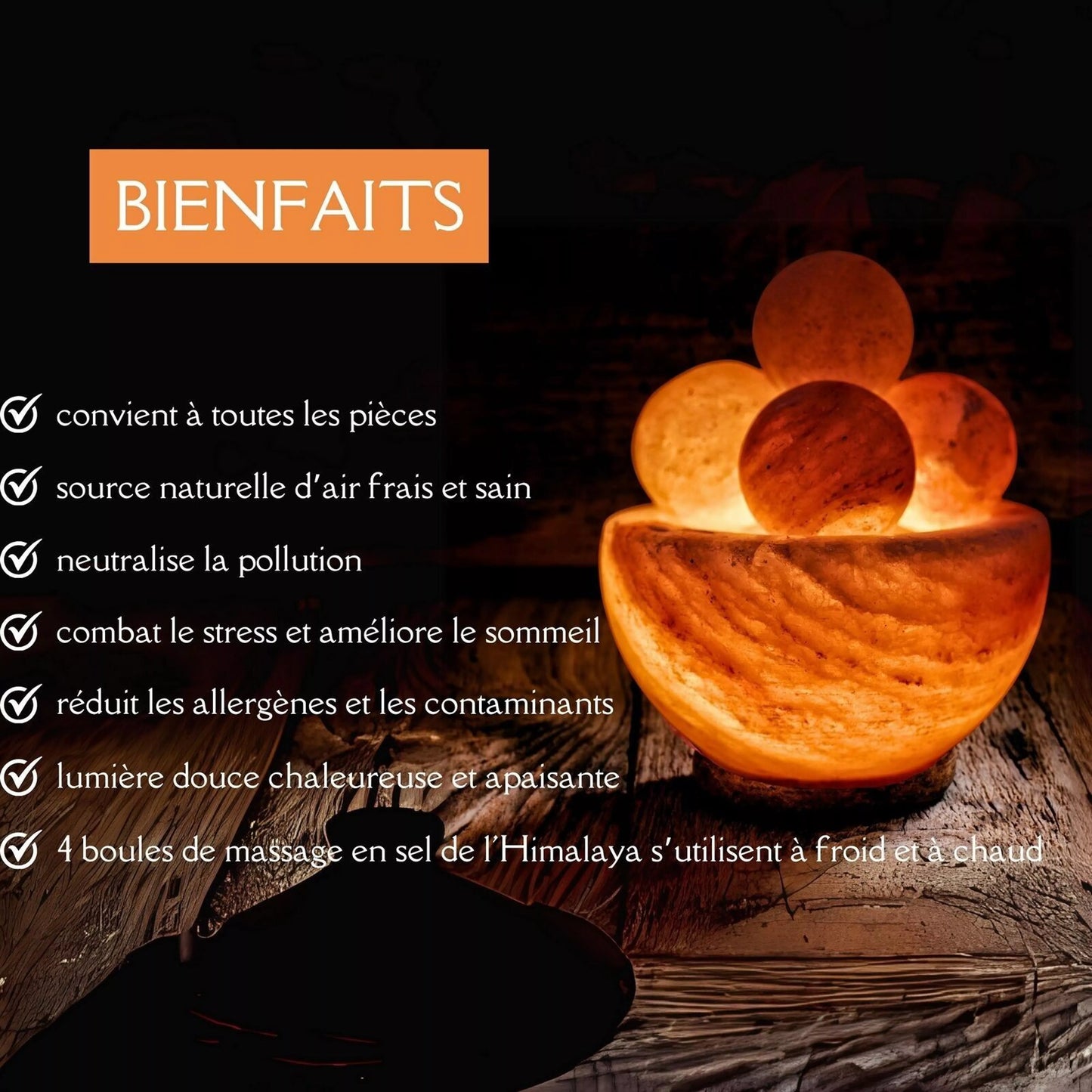 Lampe sel de l'Himalaya avec 4 boules de massage - 12 à 14 cm