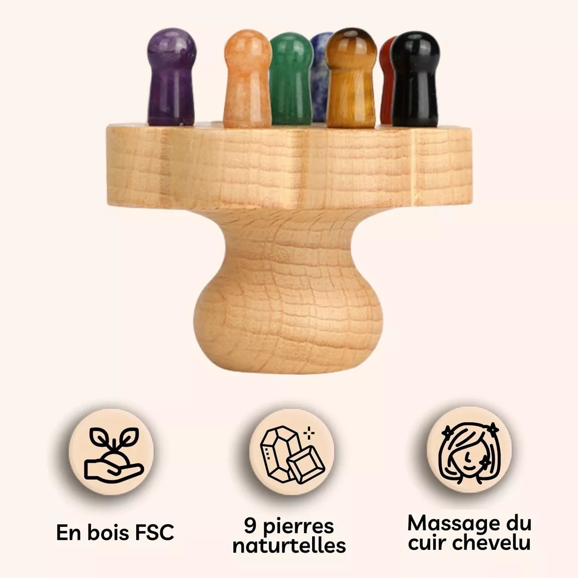 Brosse cuir chevelu en bois FSC Hêtre et pierre naturelle - 9 points de massage
