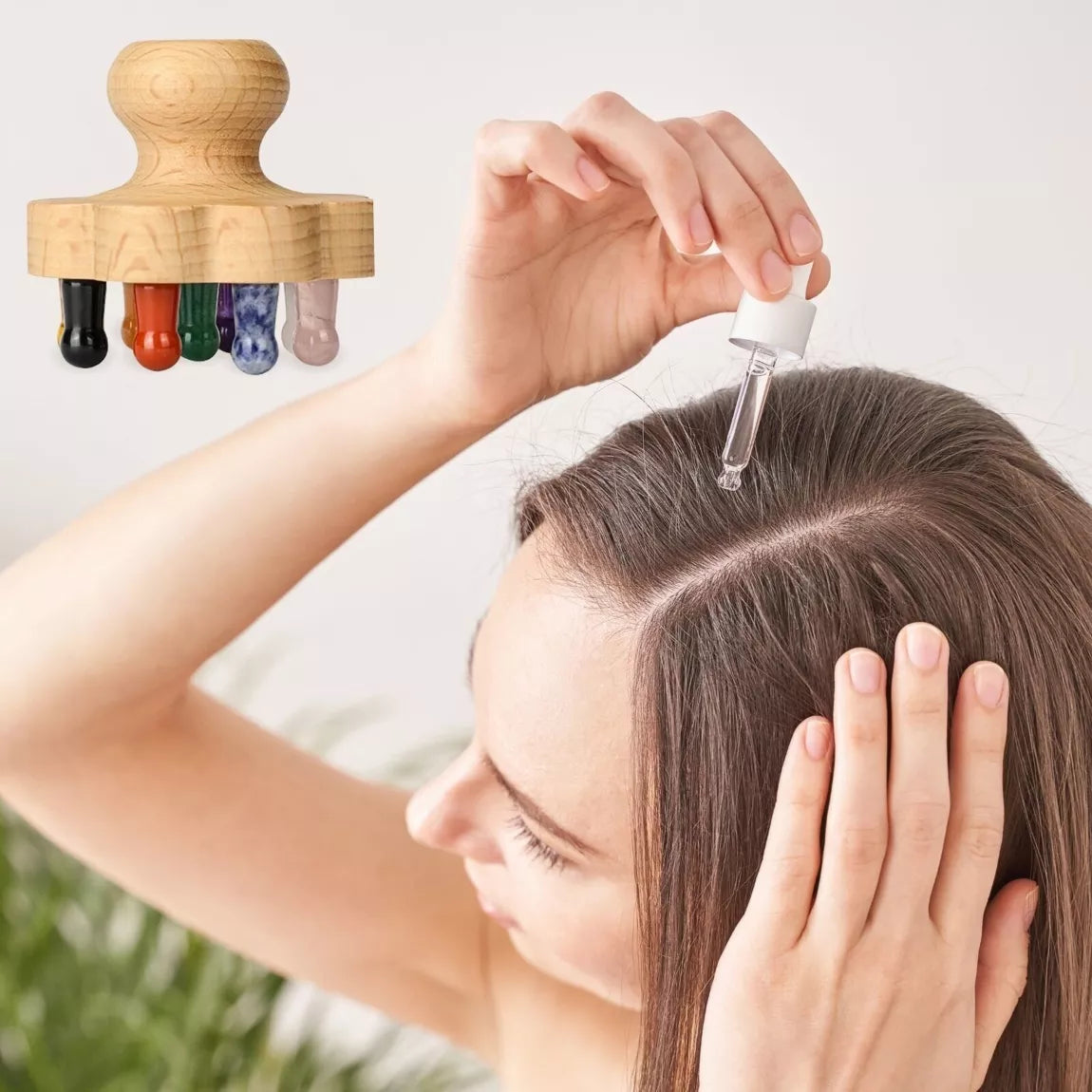 Brosse cuir chevelu en bois FSC Hêtre et pierre naturelle - 9 points de massage