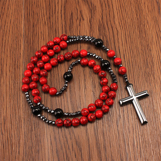 Collier Chapelet Croix - Agate noire & turquoise rouge pour homme