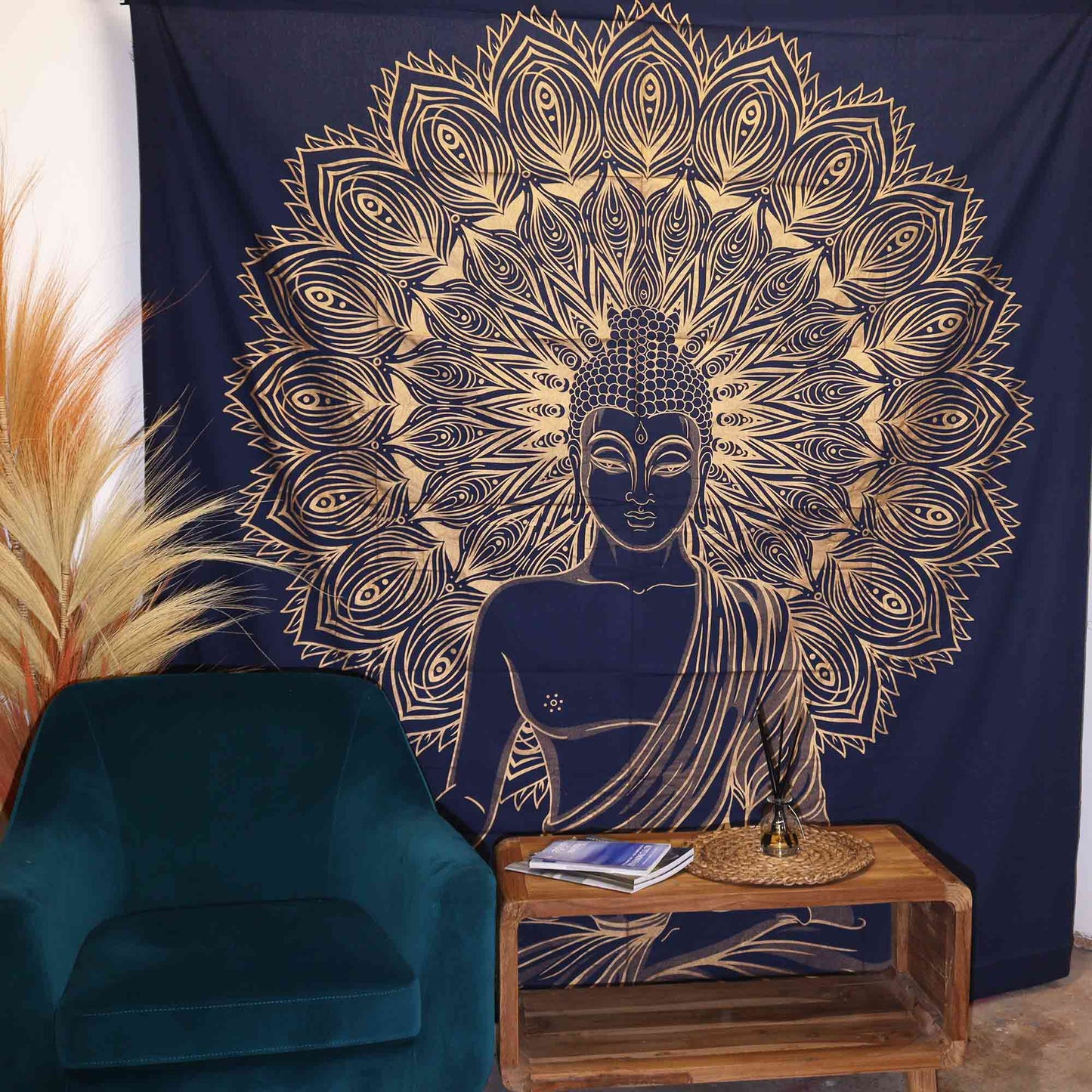 Couvre-lit ou Tenture murale en coton - Bouddha - Or & Bleu (200x230 cm)