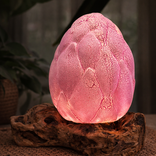 Lampe artisanale d'Indonésie lueur flottante, base en bois - Fleur de lotus craquelée