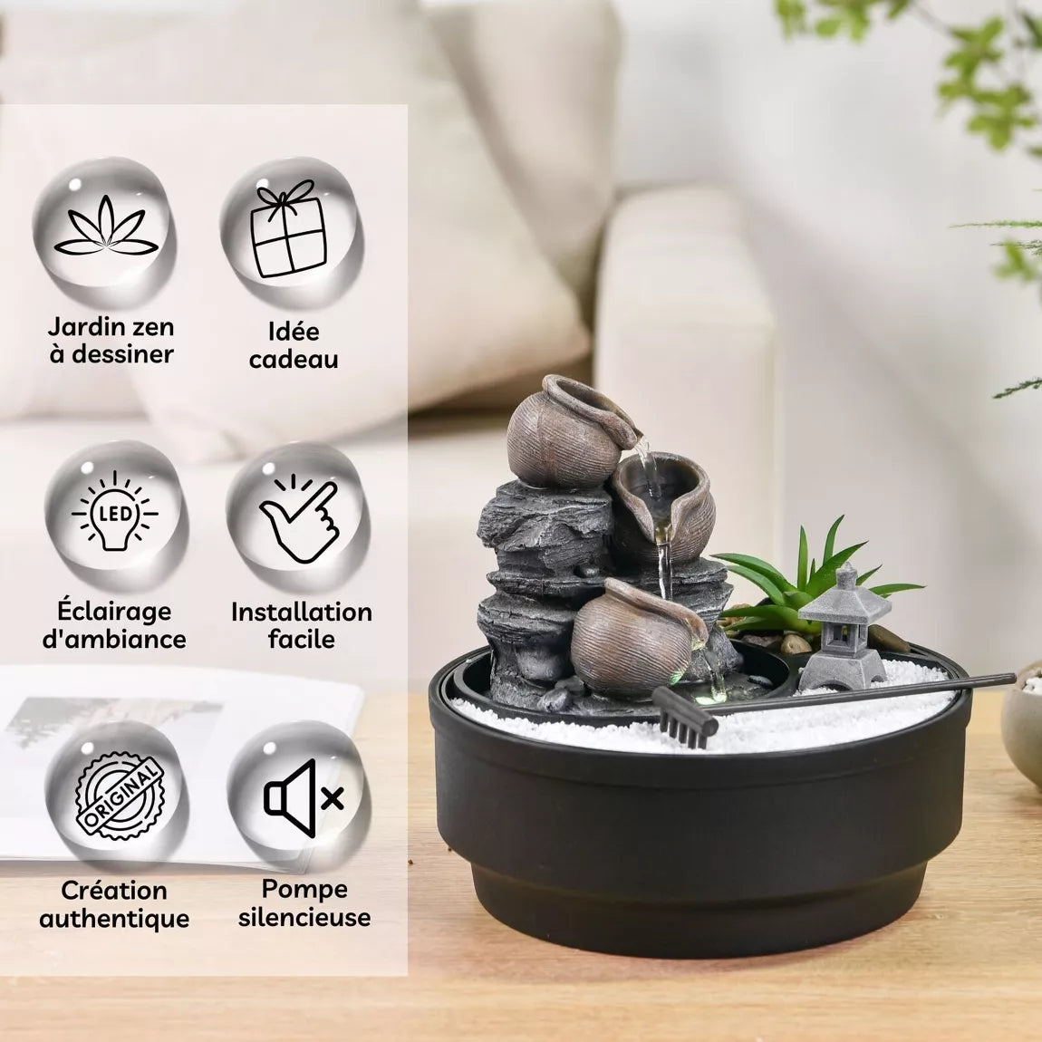 Jardin Zen & Fontaine d'intérieur – Oasis (21 cm)