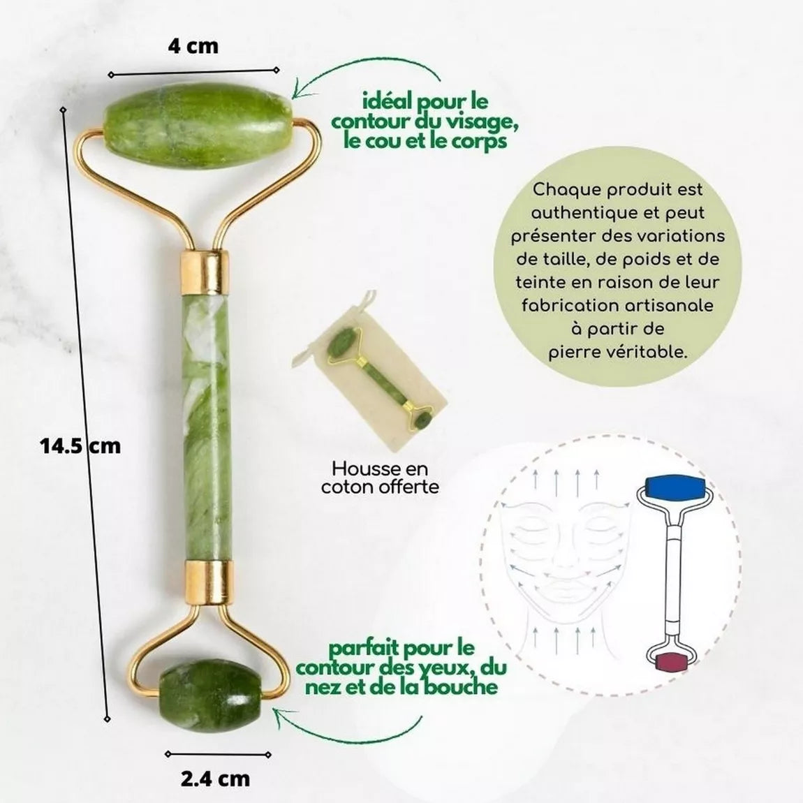 Roll-on visage en pierre de Jade Vert + housse en lin