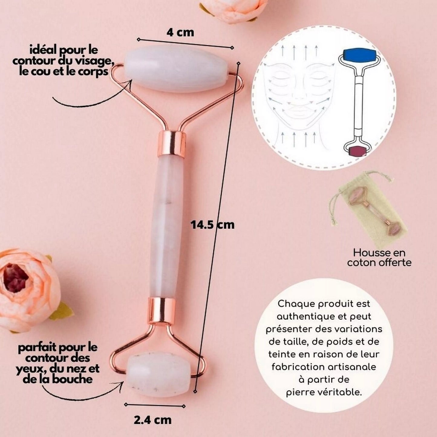 Roll-on visage en Quartz rose + housse en lin
