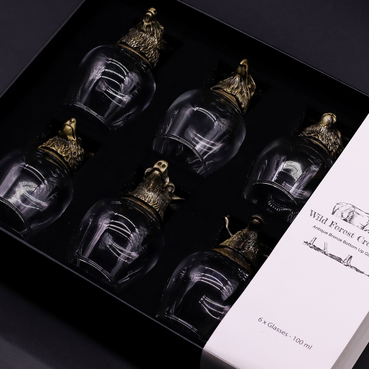 Coffret 6 Verres à shot bottom up (100 ml) - Créatures sauvages de la forêt - Bronze antique
