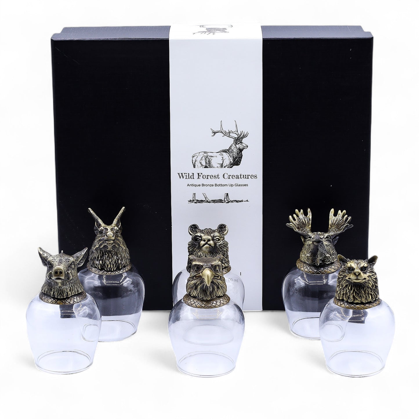 Coffret 6 Verres à shot bottom up (100 ml) - Créatures sauvages de la forêt - Bronze antique