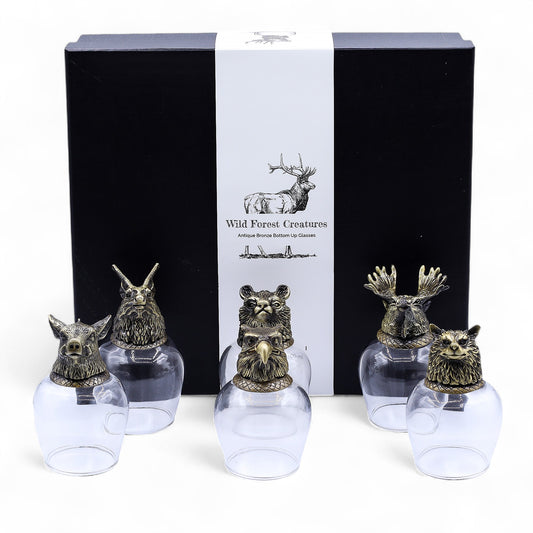 Coffret 6 Verres à shot bottom up (100 ml) - Créatures sauvages de la forêt - Bronze antique