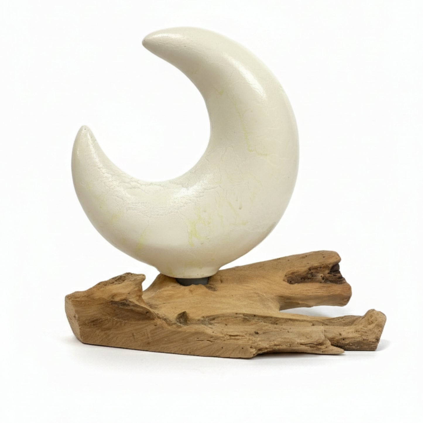 Lampe artisanale d'Indonésie lueur flottante, base en bois - Abat-jour Demi-lune craquelée – Gris