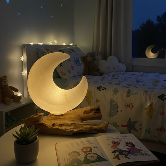 Lampe artisanale d'Indonésie lueur flottante, base en bois - Abat-jour Demi-lune craquelée – Gris