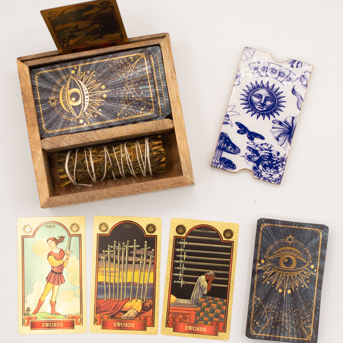 Boîte de tarot à 2 compartiments avec porte-cartes en bois de manguier