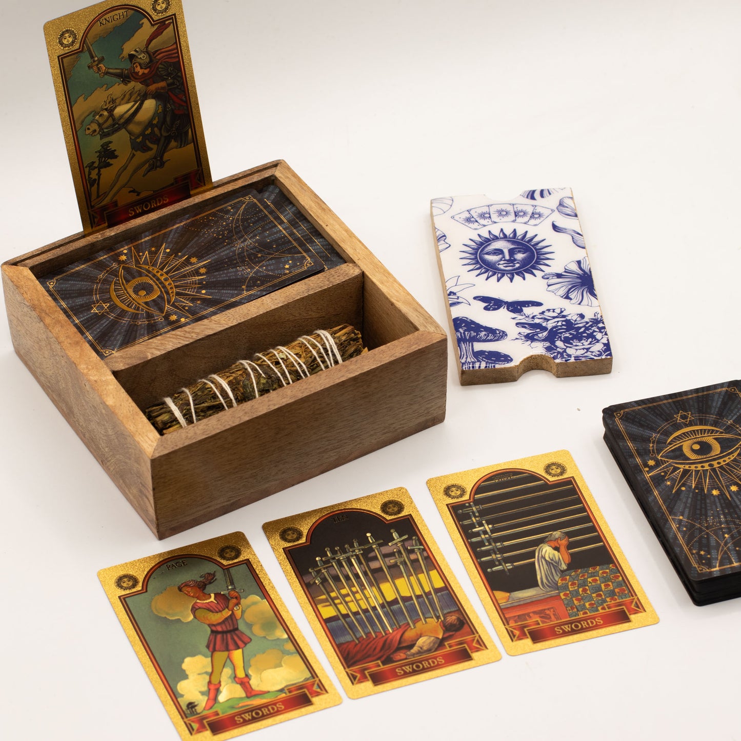 Boîte de tarot à 2 compartiments avec porte-cartes en bois de manguier