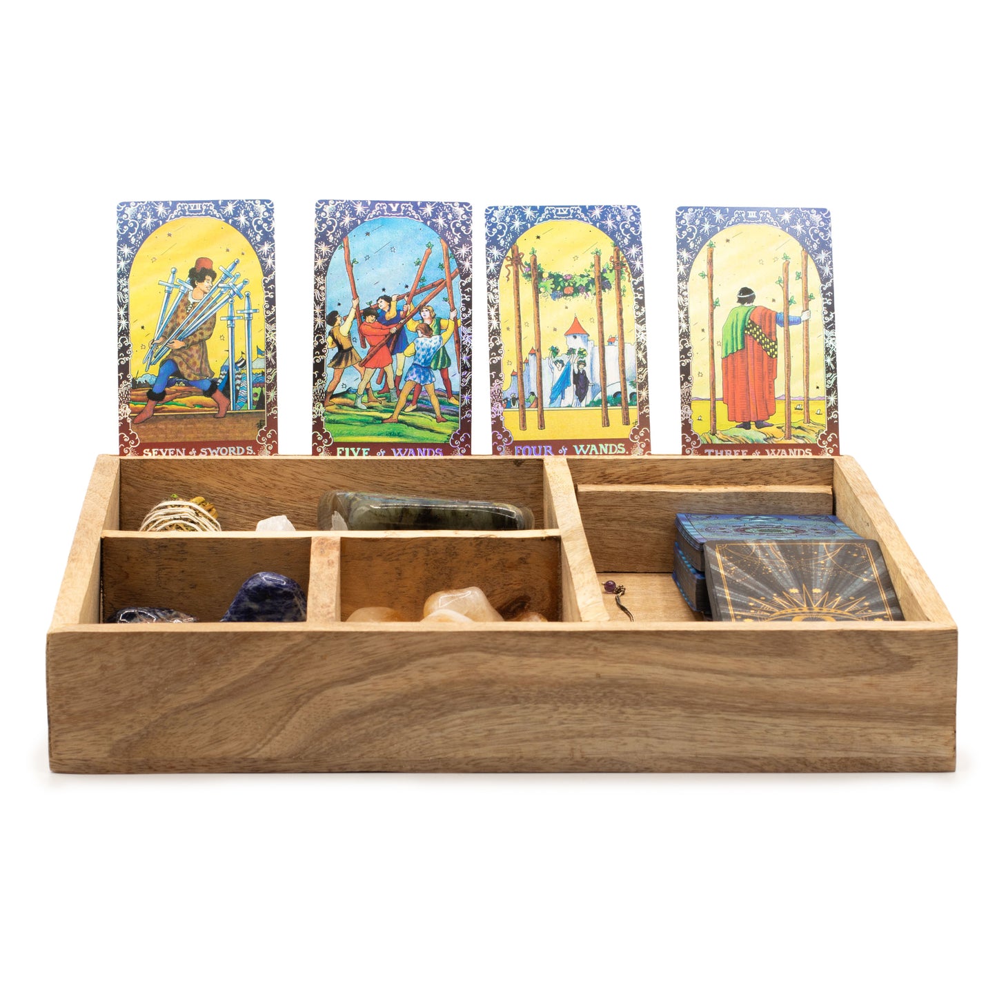 Boîte de tarot à 4 compartiments avec porte-cartes en bois de manguier