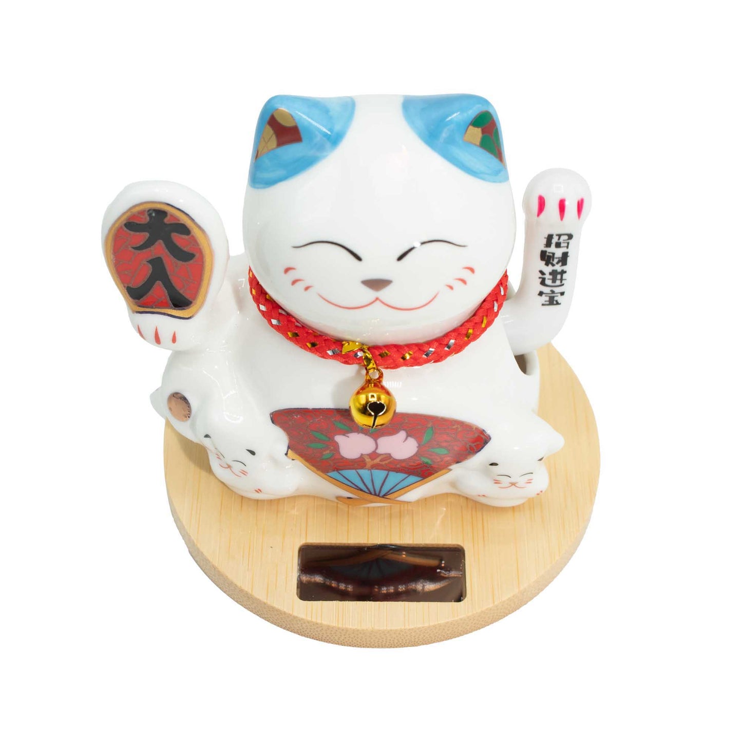 Maneki neko solaire base en bois main mobile - Bleu