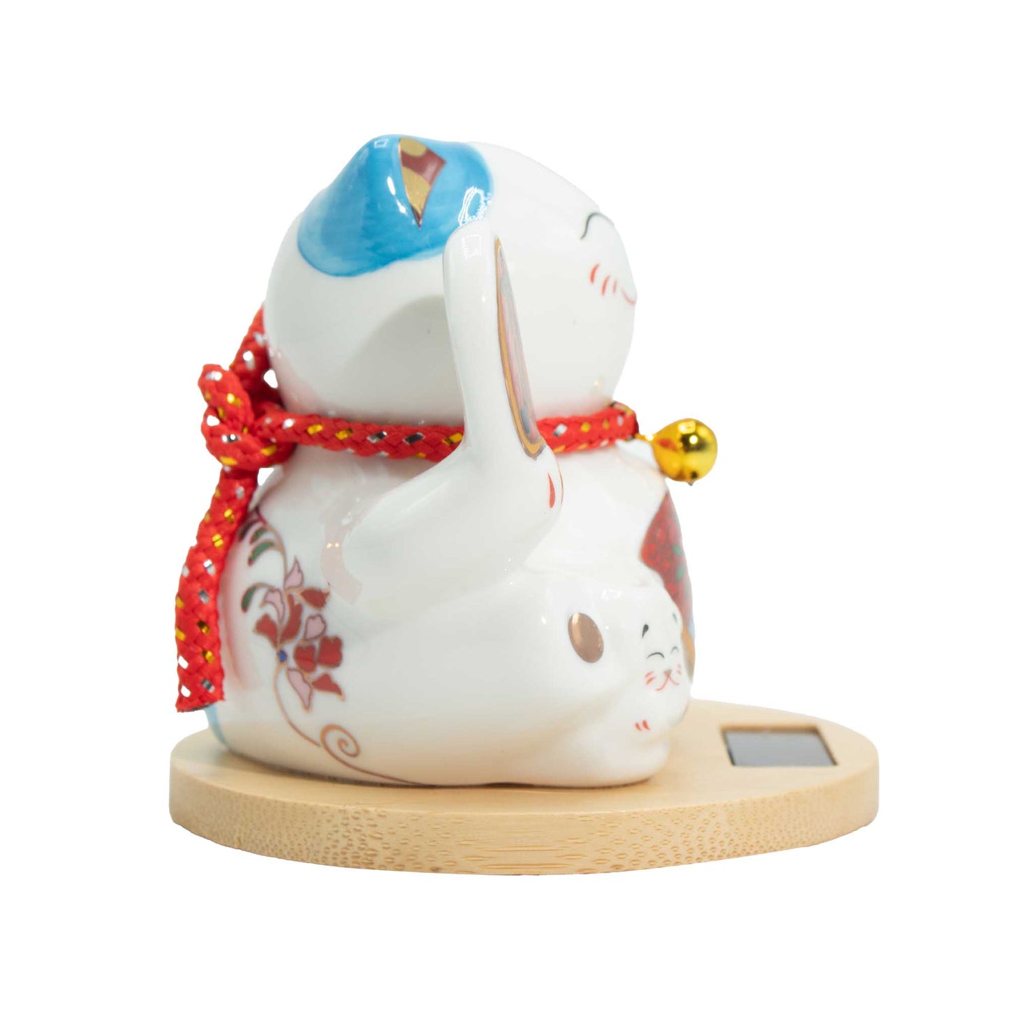 Maneki neko solaire base en bois main mobile - Bleu