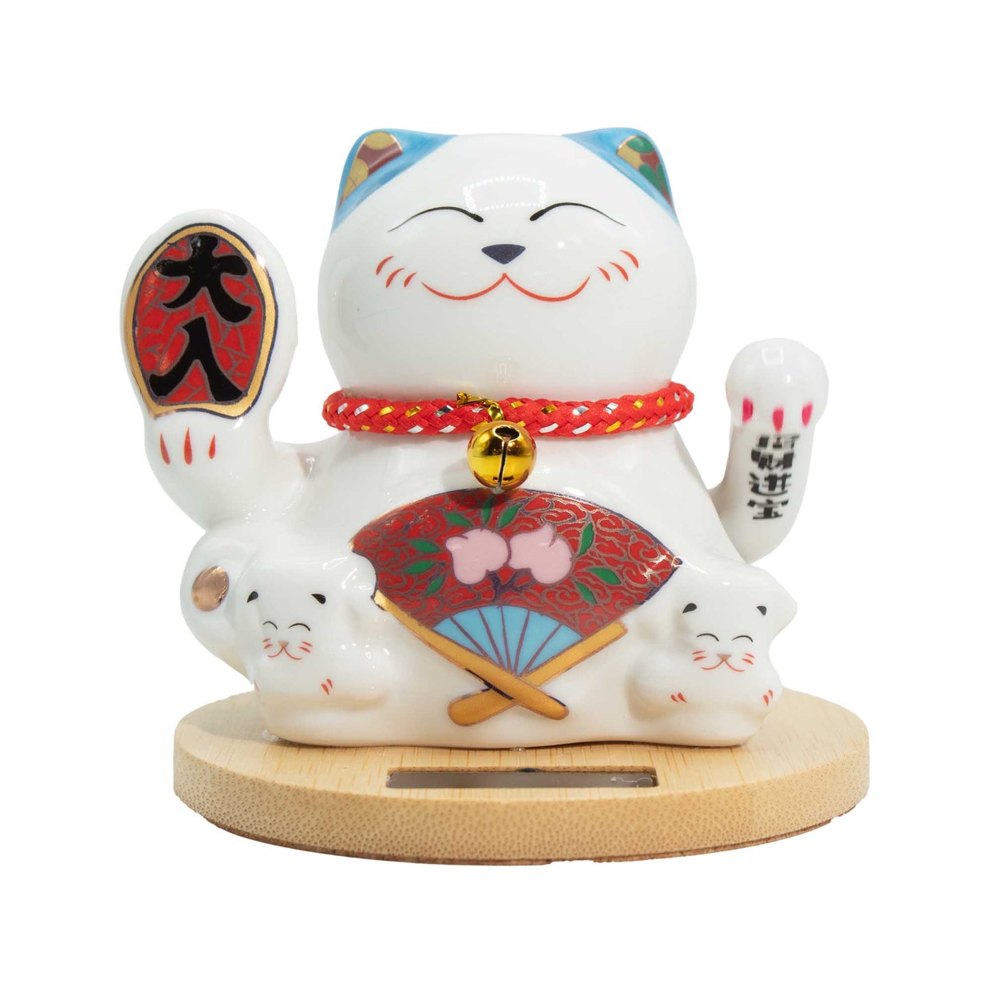Maneki neko solaire base en bois main mobile - Bleu