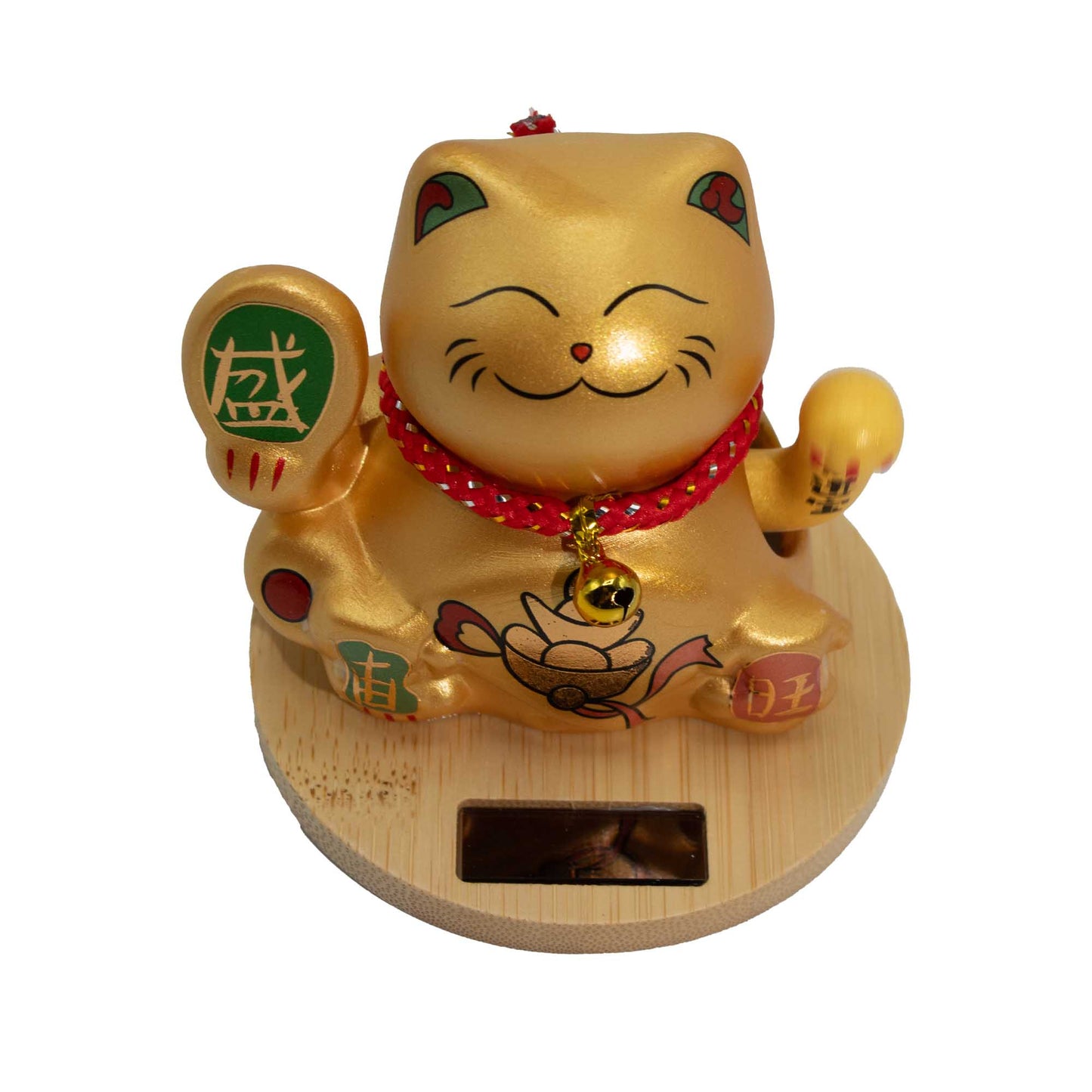 Maneki neko solaire base en bois main mobile - Or
