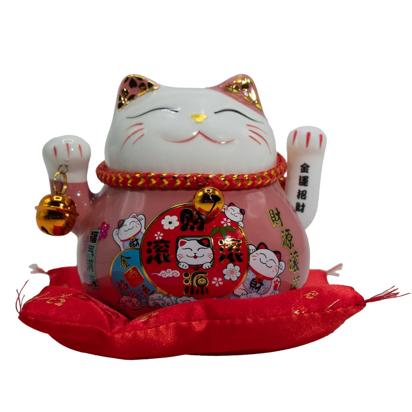 Maneki neko en céramique main mobile sur coussin - Rose