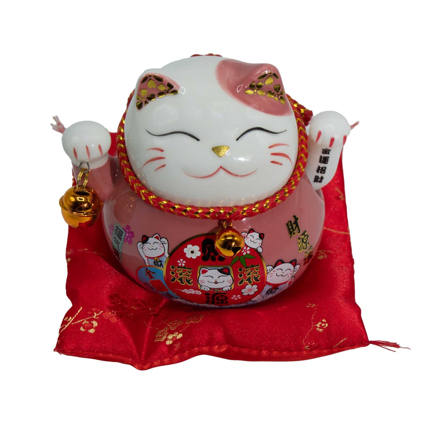 Maneki neko en céramique main mobile sur coussin - Rose