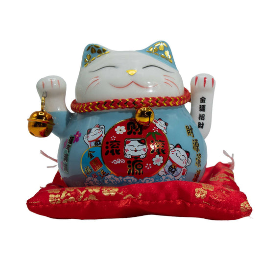 Maneki neko en céramique main mobile sur coussin - Bleu