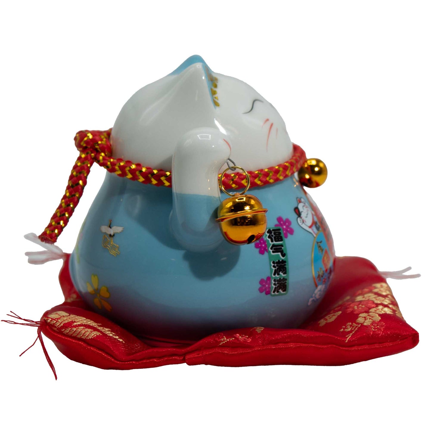 Maneki neko en céramique main mobile sur coussin - Bleu