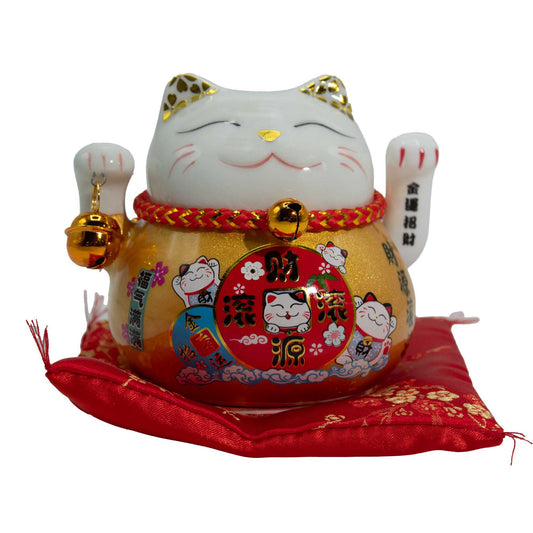 Maneki neko en céramique main mobile sur coussin - Or