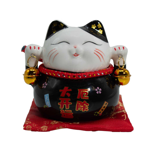 Tirelire Maneki neko en céramique sur coussin - Noir