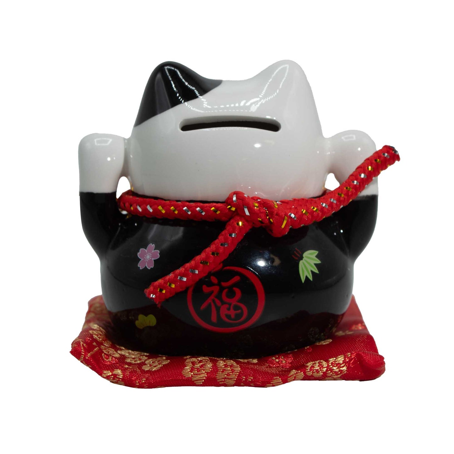 Tirelire Maneki neko en céramique sur coussin - Noir