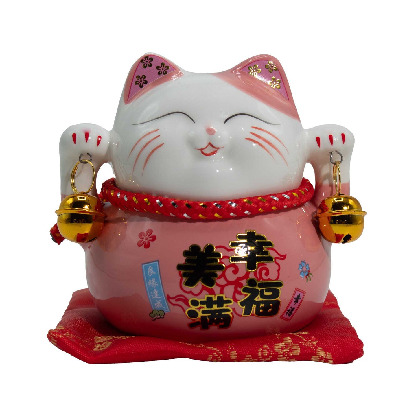 Tirelire Maneki neko en céramique sur coussin - Rose