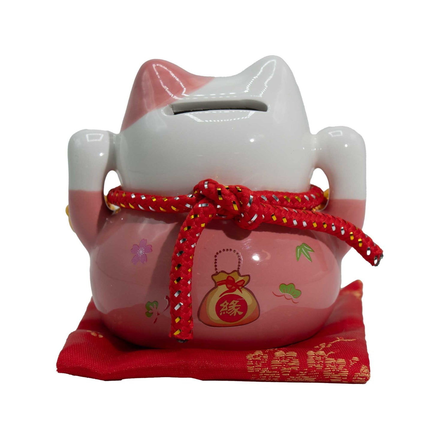 Tirelire Maneki neko en céramique sur coussin - Rose
