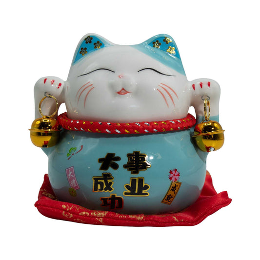 Tirelire Maneki neko en céramique sur coussin - Bleu