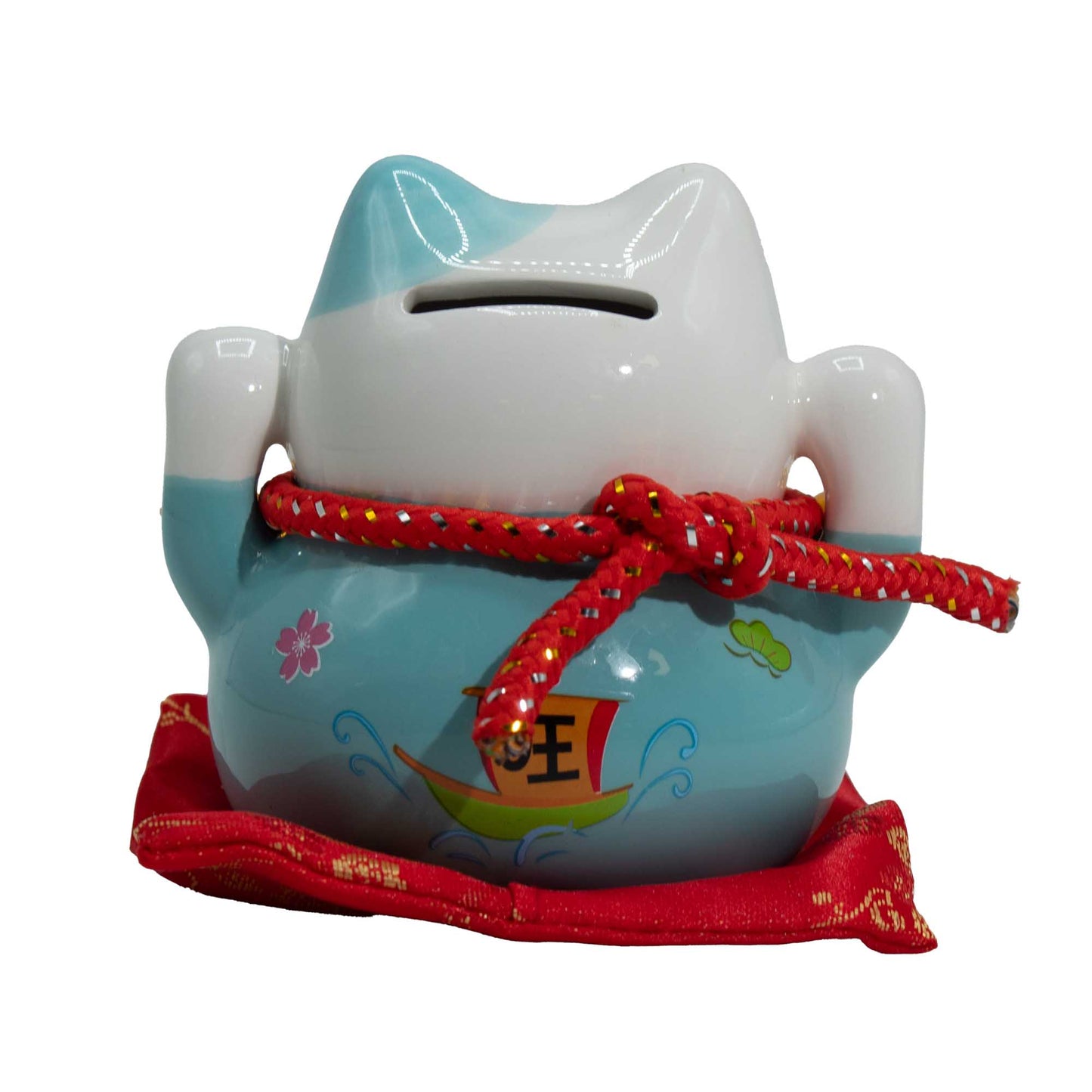 Tirelire Maneki neko en céramique sur coussin - Bleu