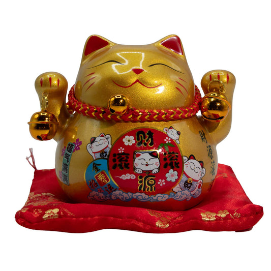Tirelire Maneki neko en céramique sur coussin - Or