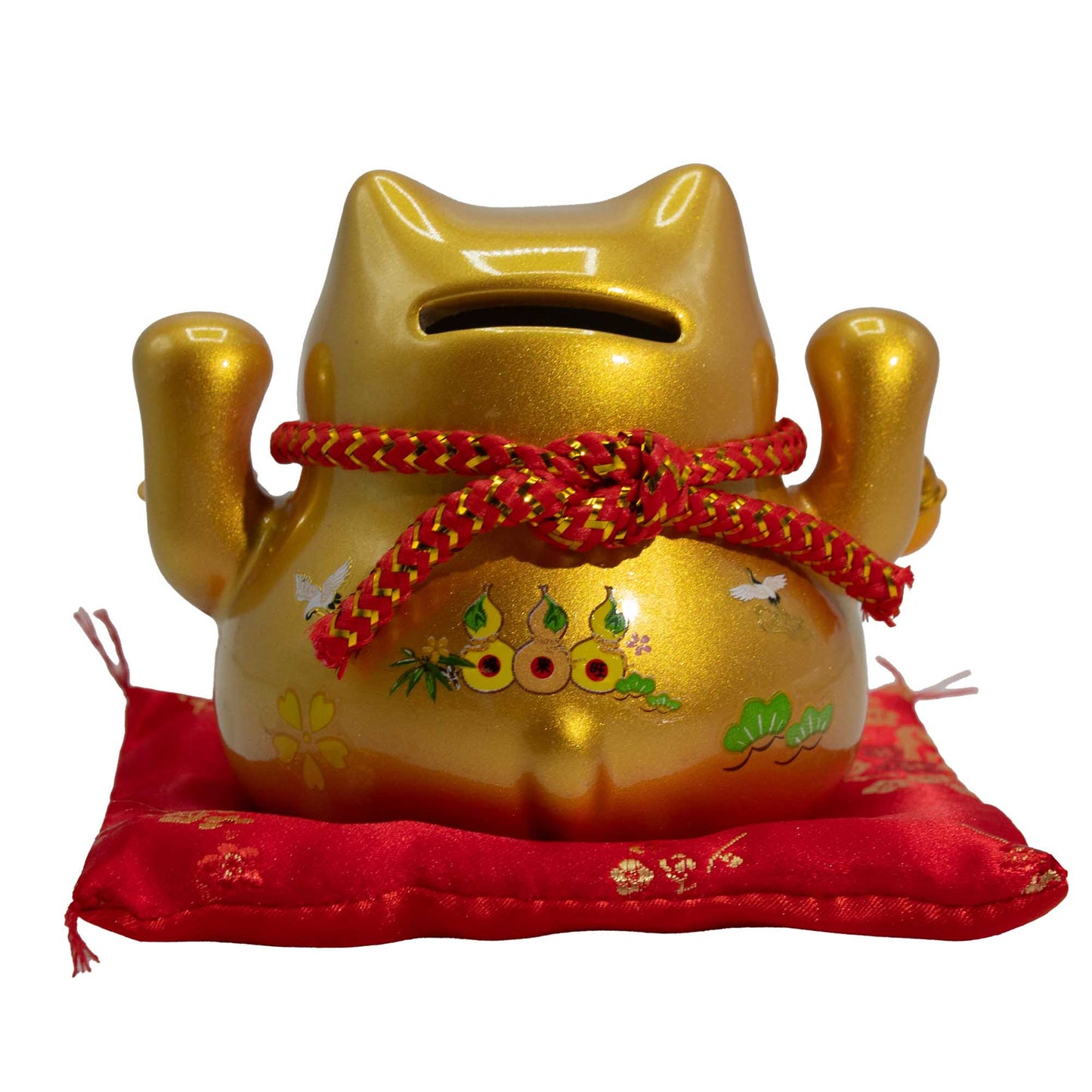 Tirelire Maneki neko en céramique sur coussin - Or