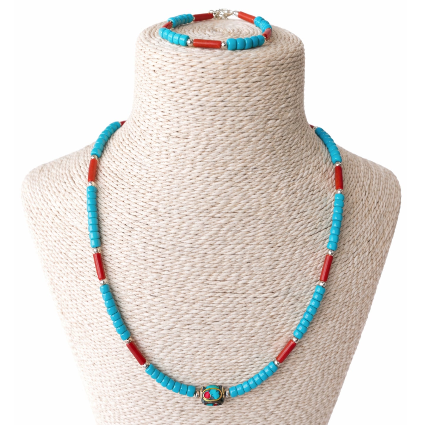 Parure collier & bracelet du Népal - Perles tribales turquoise & coralite