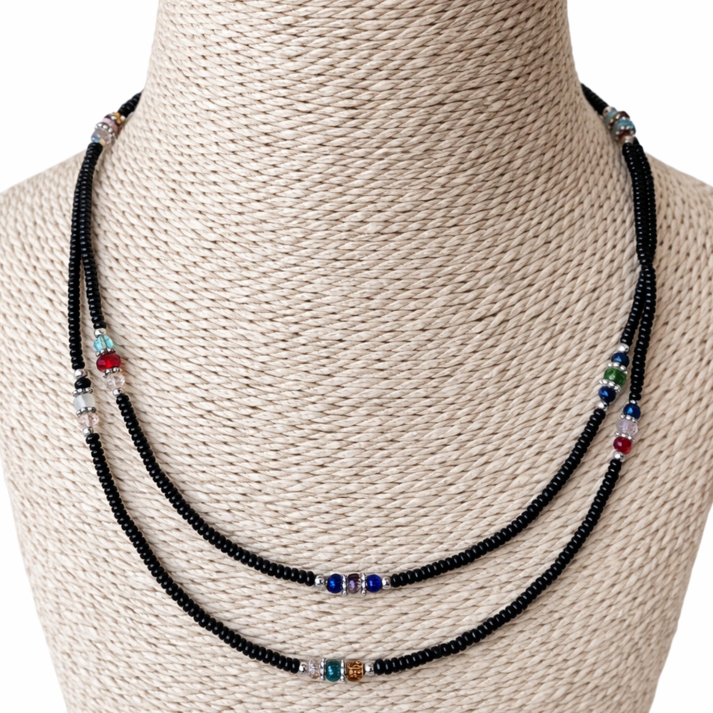 Collier double népalais fin - Onyx noir & perles facettées