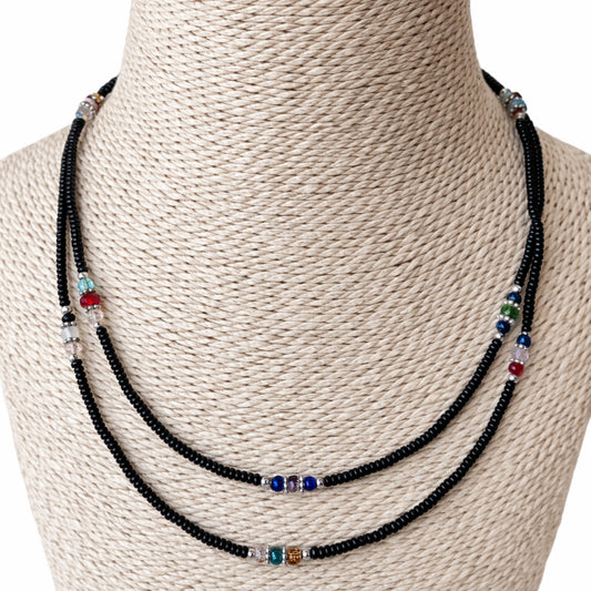 Collier double népalais fin - Onyx noir & perles facettées