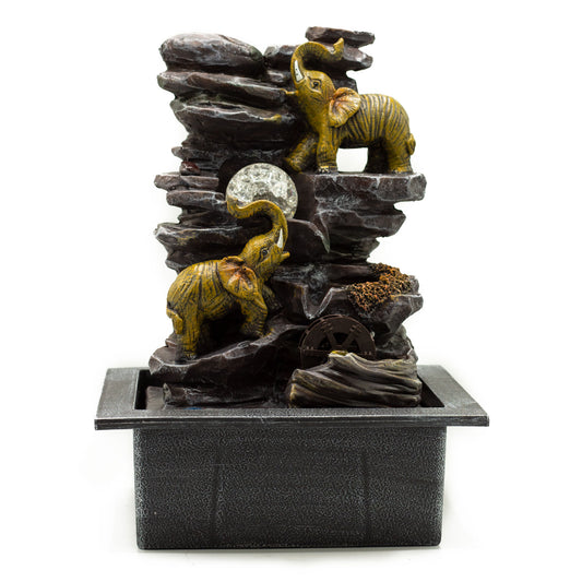 Fontaine de table Feng shui - Éléphants, boule de cristal & roue à eau - 35 cm