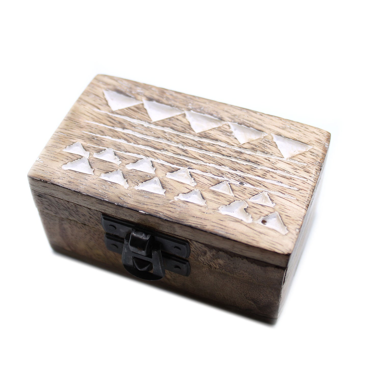 Mini coffret rituel en bois de manguier - Motifs aztèques blanc patiné