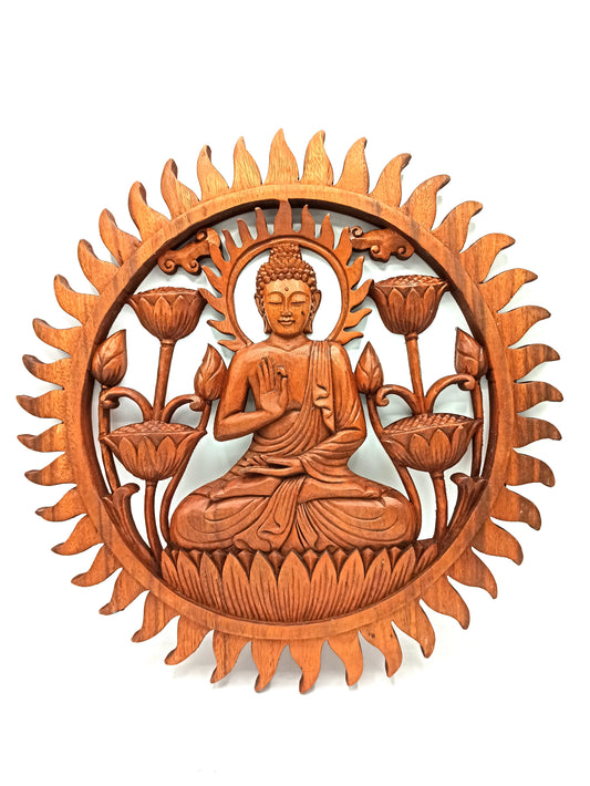 Panneau décoratif en bois sculpté balinais - Bouddha & Lotus (40 cm)