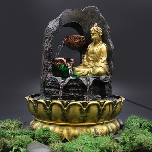 Fontaine de table Feng shui - Bouddha méditant doré - 30 cm
