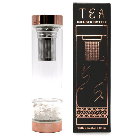 Bouteille infuseur à thé en verre de cristal - Or rose - Quartz de roche